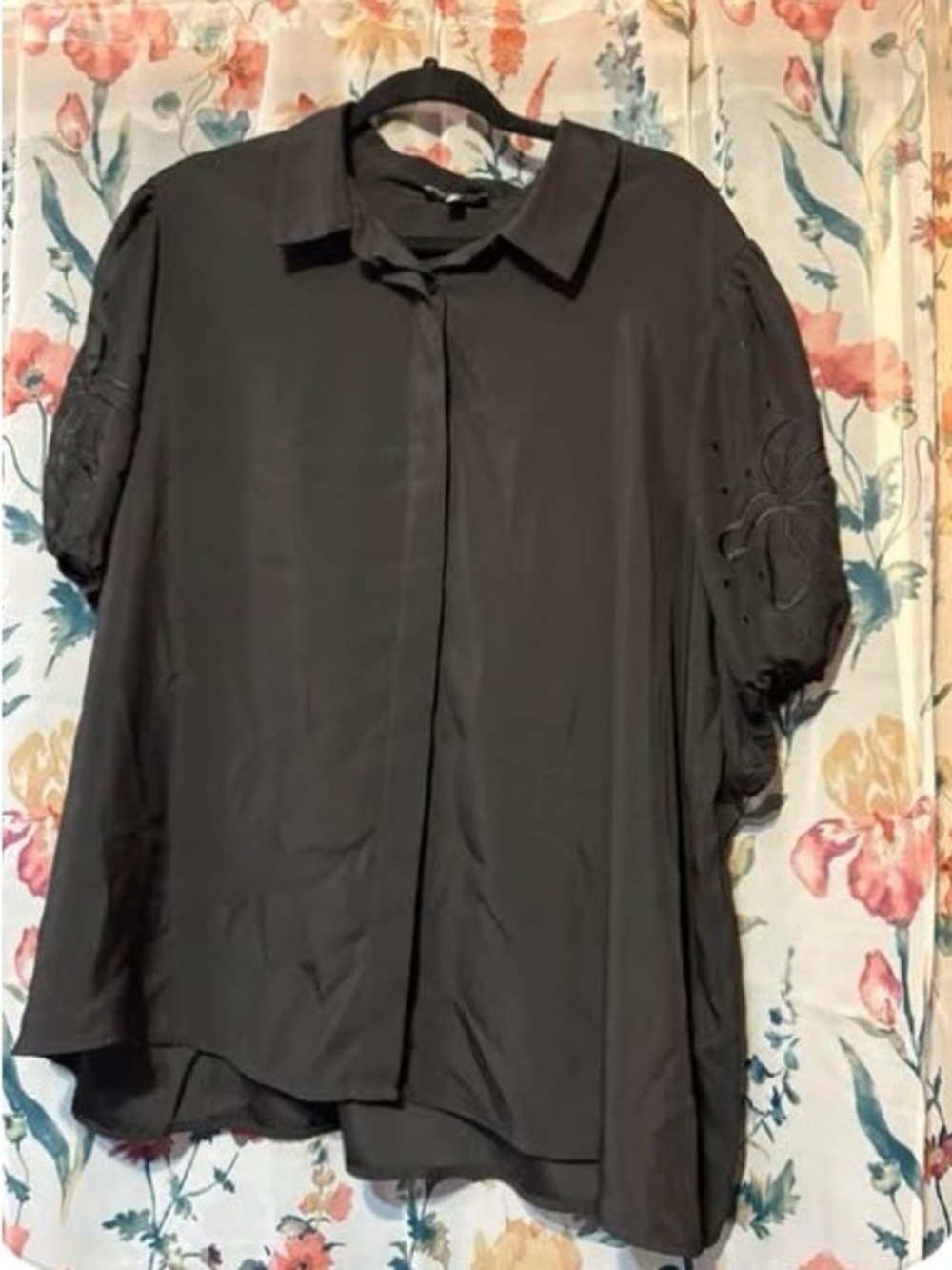 Women's Black Button-Down Short Sleeve Shirt with Embroidered Sleeves